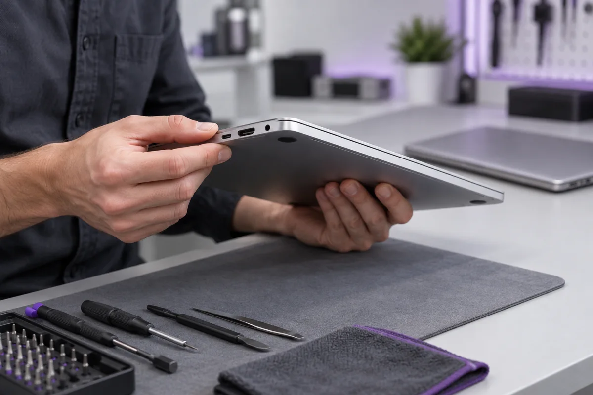 Illustrative concept of a technician inspecting a laptop