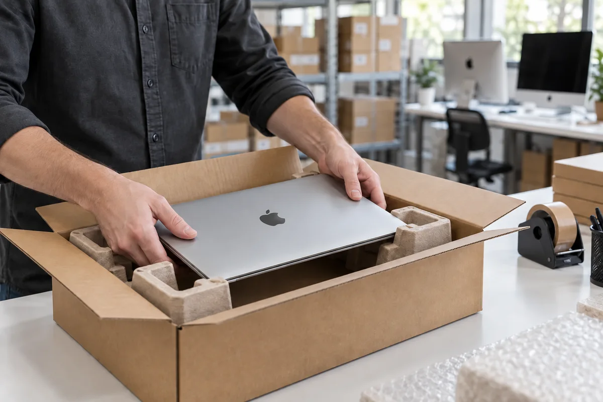 Illustrative concept of protective laptop packing