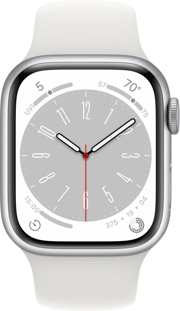 Smartwatch with a white band viewed from the front