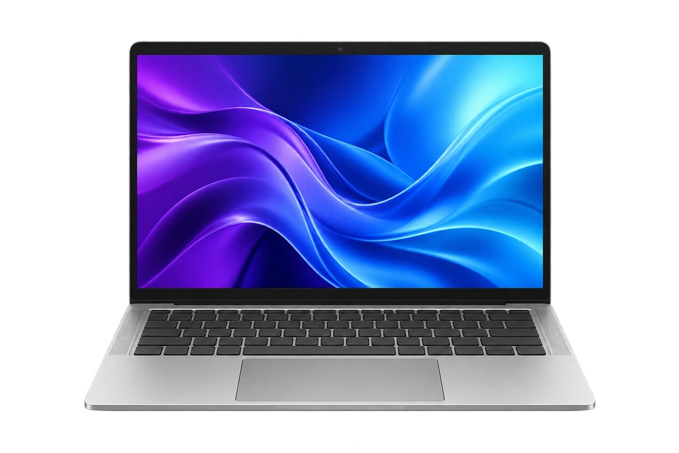 Front-facing silver laptop with a purple and blue screen