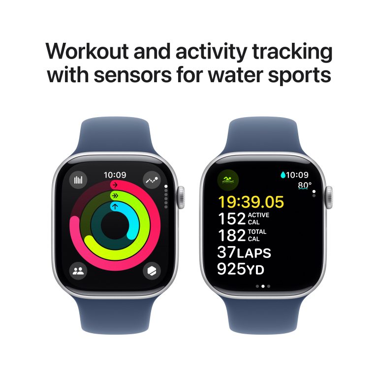 Apple Watch Series 10 (GPS+Cellular) 46mm Aluminum Silver with Denim Sport band, third product view